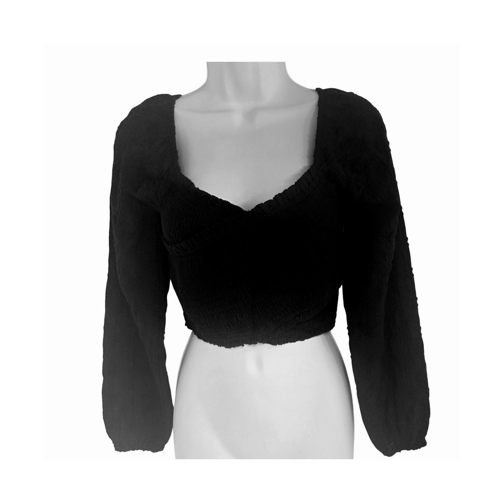 American Eagle Black Smocked Eyelet Long Sleeve Crop top Womens‎ S fairy strechy